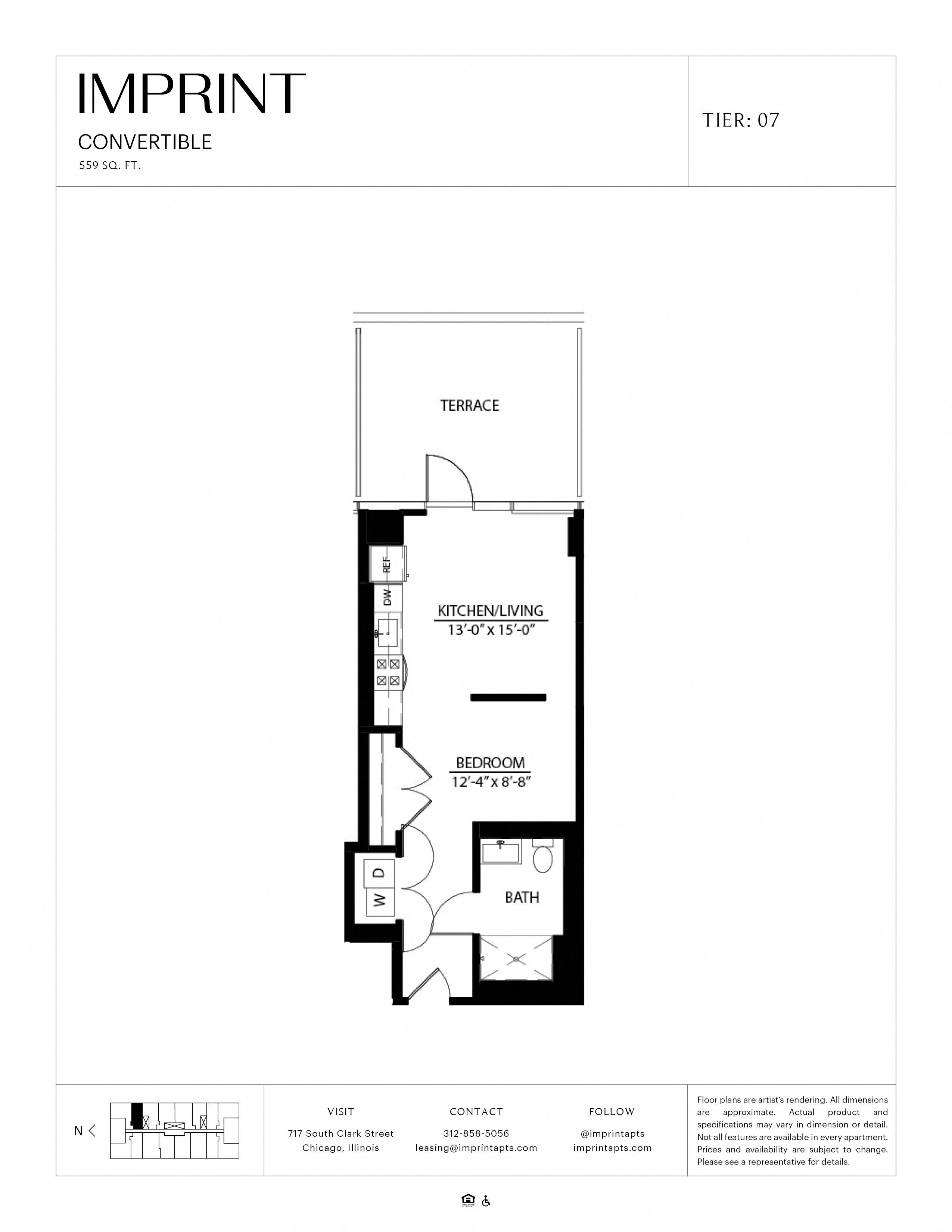 Floor plan for studio, 1 bath, 559 sqft